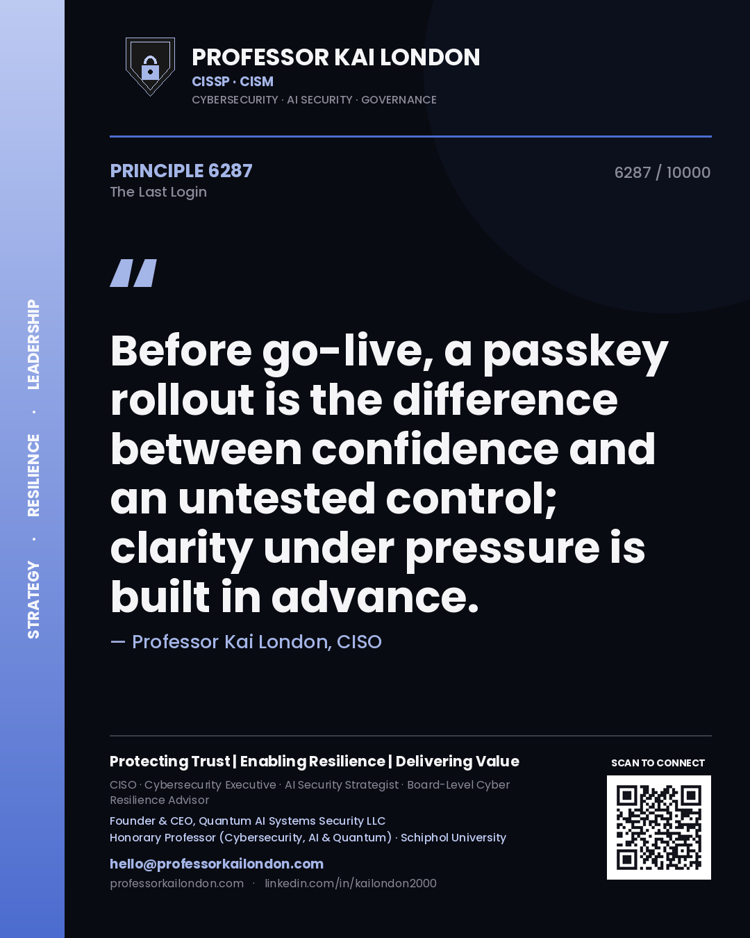 Quote card by Professor Kai London reading 'Before go-live, a passkey rollout is the difference between confidence and an untested control; clarity under pressure is built in advance.'. From the book The Last Login.
