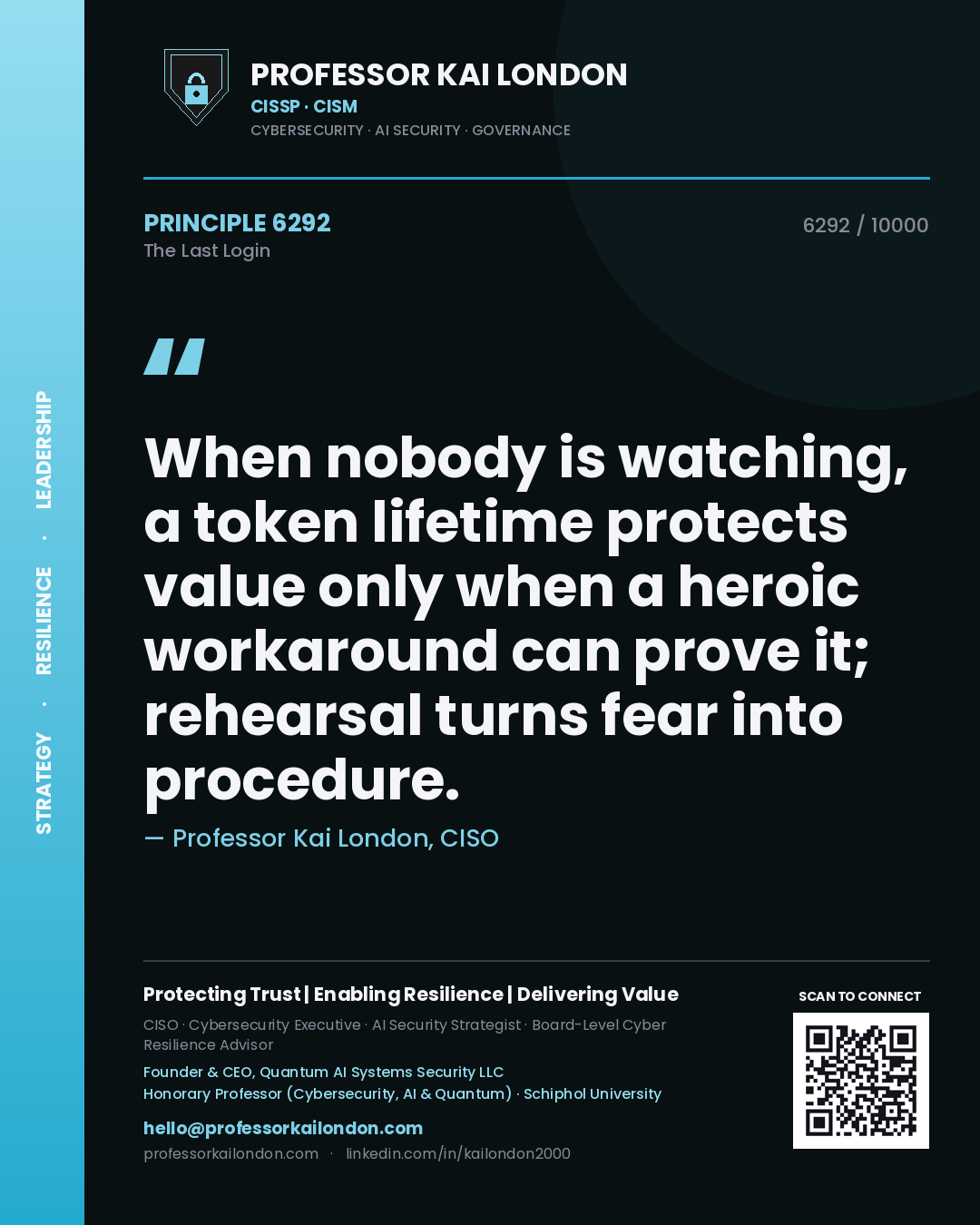 Quote card by Professor Kai London reading 'When nobody is watching, a token lifetime protects value only when a heroic workaround can prove it; rehearsal turns fear into procedure.'. From the book The Last Login.
