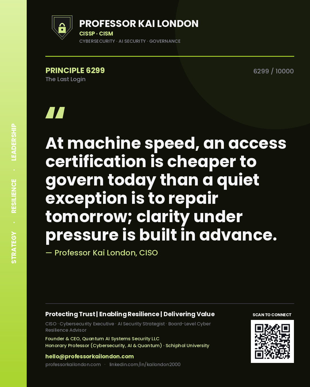 Professor Kai London principle 6299: At machine speed, an access certification is cheaper to govern today than a quiet exception is to repair tomorrow; clarity under pressure is built in advance.
