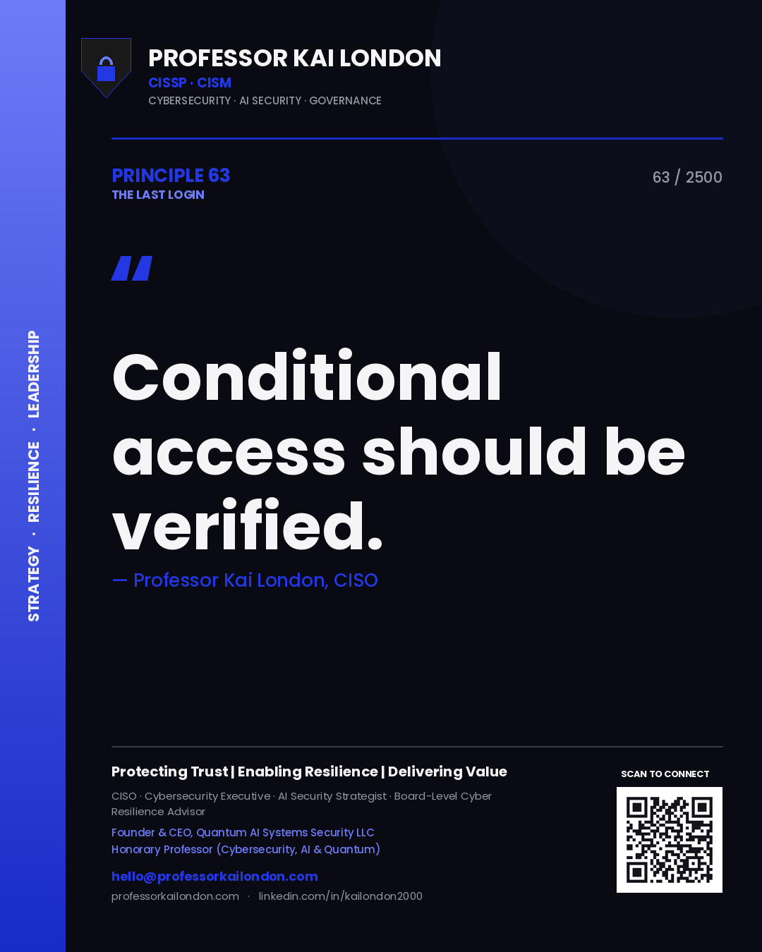 Quote card by Professor Kai London reading 'Conditional access should be verified.'. From the book The Last Login.