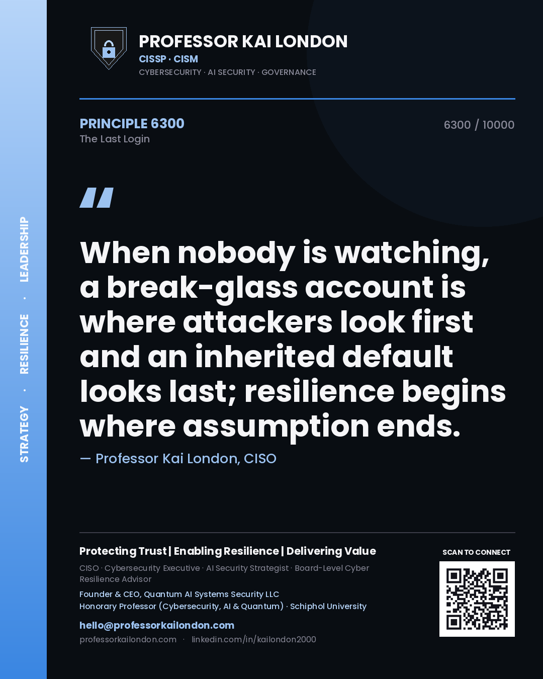 Quote card by Professor Kai London reading 'When nobody is watching, a break-glass account is where attackers look first and an inherited default looks last; resilience begins where assumption ends.'. From the book The Last Login.