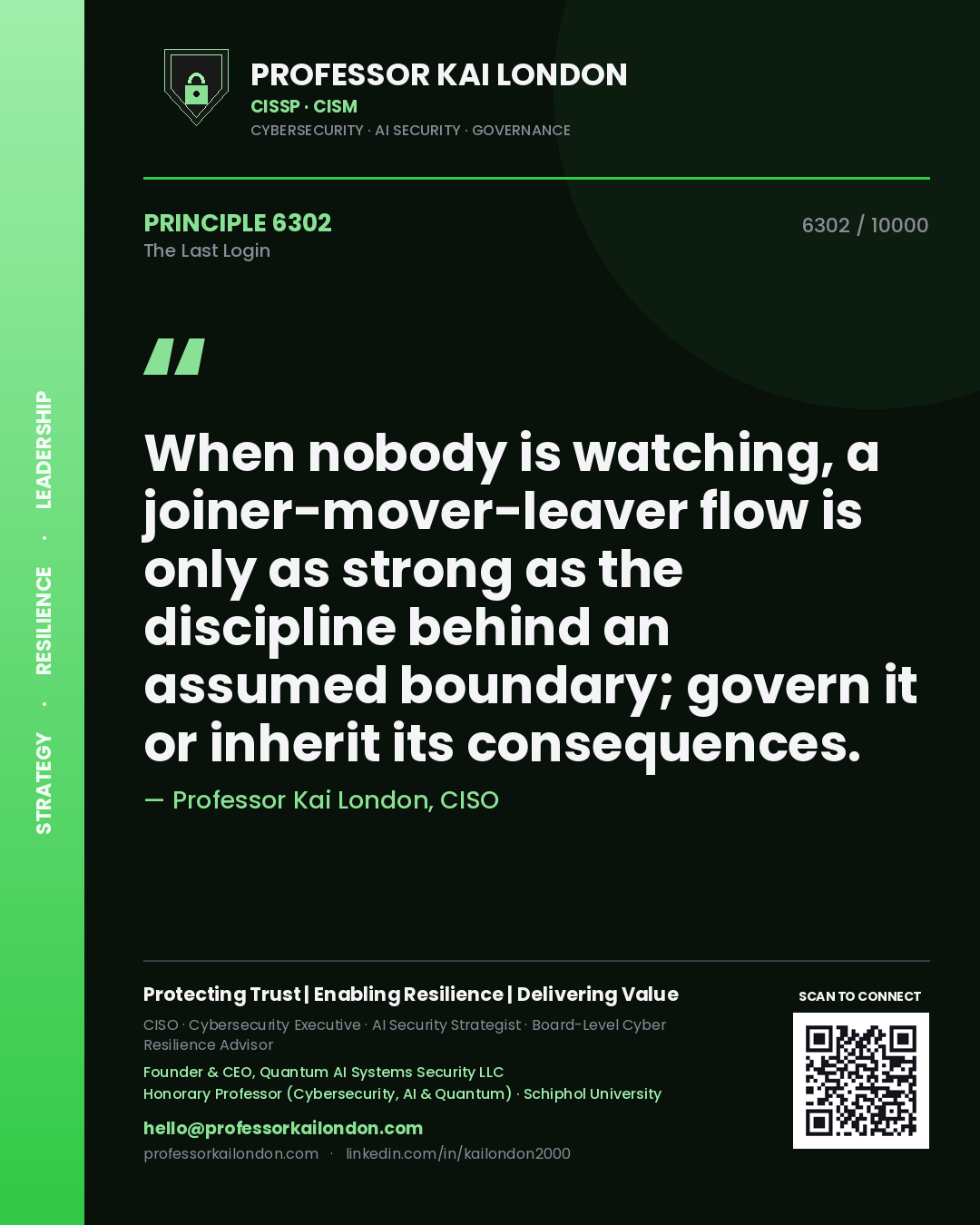 Quote card by Professor Kai London reading 'When nobody is watching, a joiner-mover-leaver flow is only as strong as the discipline behind an assumed boundary; govern it or inherit its consequences.'. From the book The Last Login.