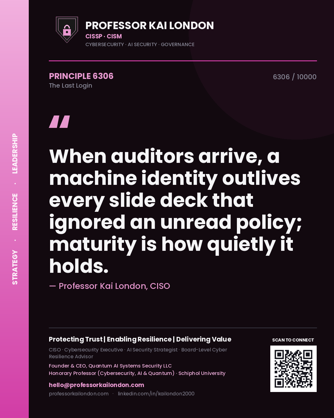 Professor Kai London principle 6306: When auditors arrive, a machine identity outlives every slide deck that ignored an unread policy; maturity is how quietly it holds.