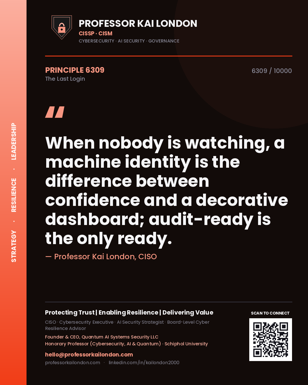 Quote card by Professor Kai London reading 'When nobody is watching, a machine identity is the difference between confidence and a decorative dashboard; audit-ready is the only ready.'. From the book The Last Login.