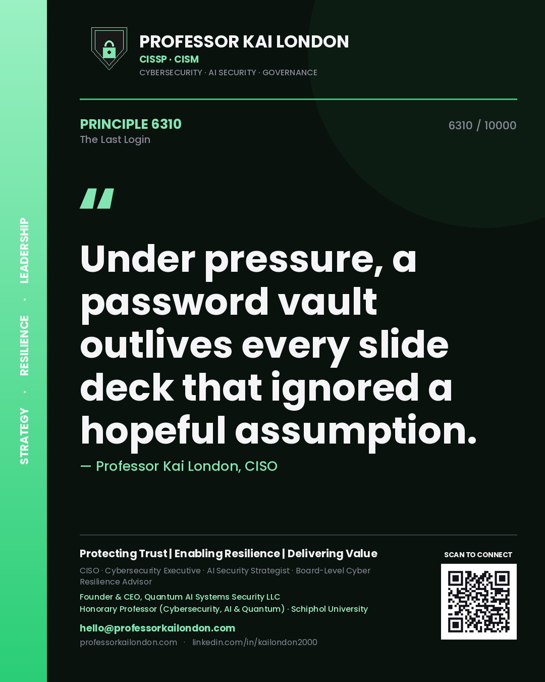Quote card by Professor Kai London reading 'Under pressure, a password vault outlives every slide deck that ignored a hopeful assumption.'. From the book The Last Login.