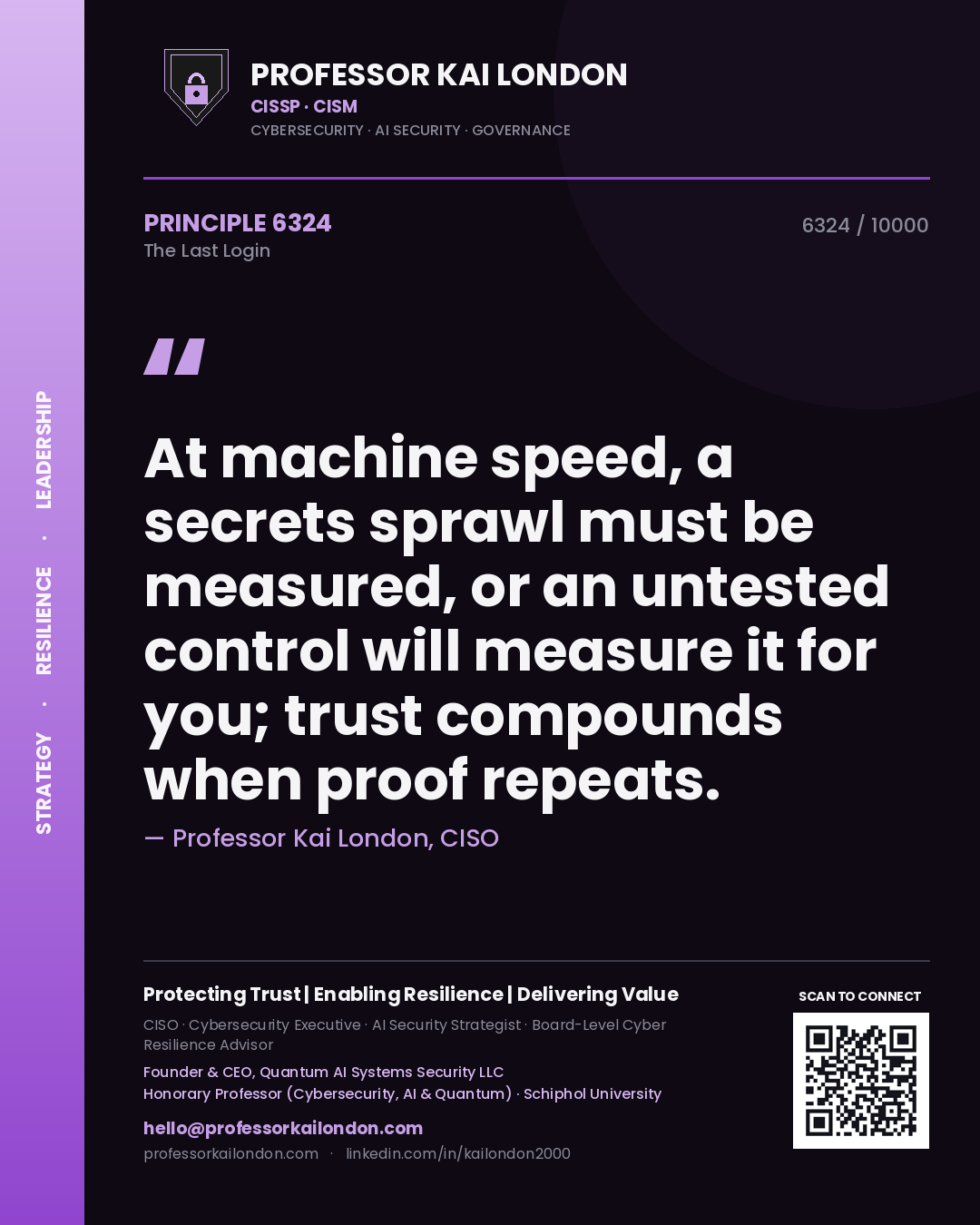 Quote card by Professor Kai London reading 'At machine speed, a secrets sprawl must be measured, or an untested control will measure it for you; trust compounds when proof repeats.'. From the book The Last Login.