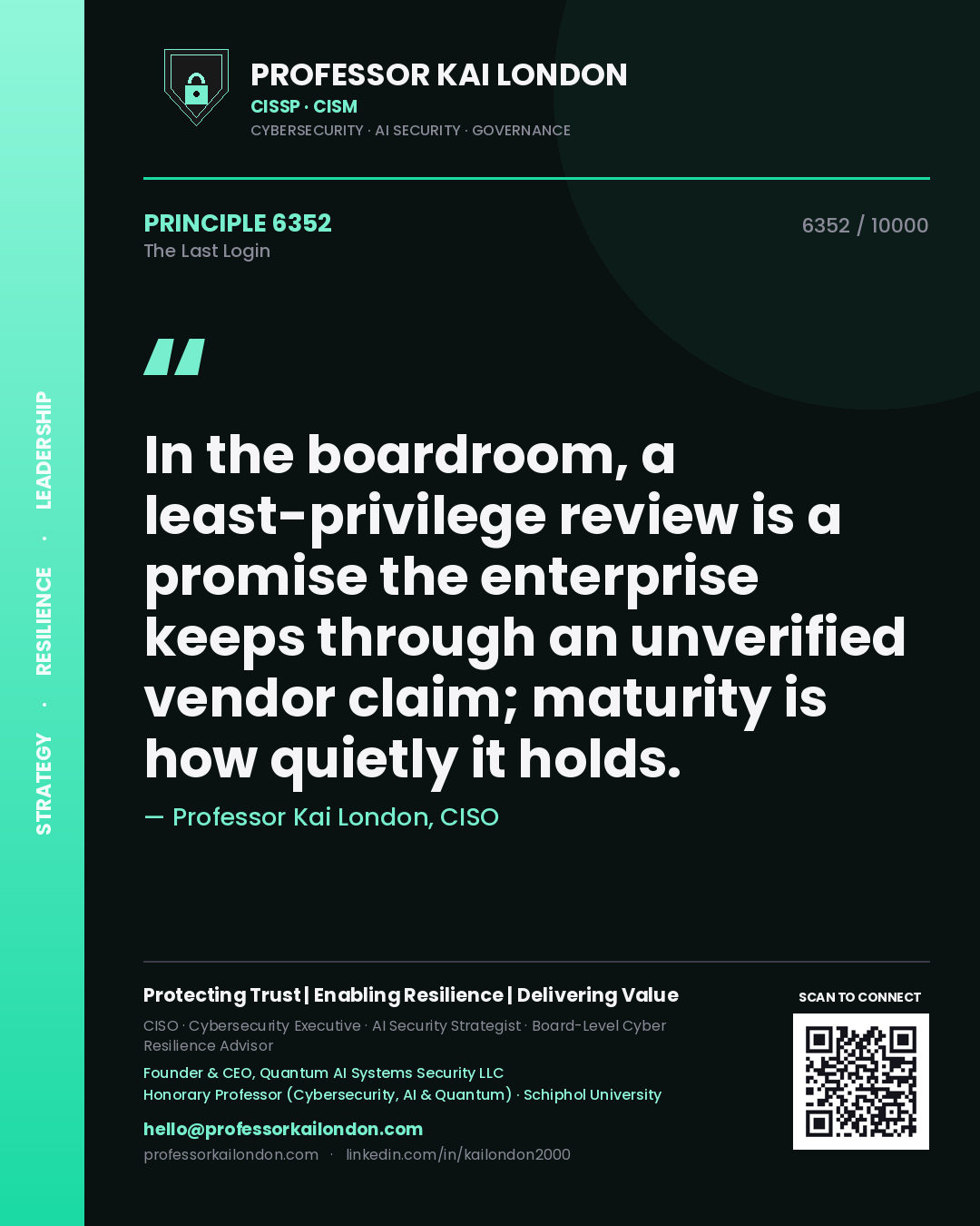 Quote card by Professor Kai London reading 'In the boardroom, a least-privilege review is a promise the enterprise keeps through an unverified vendor claim; maturity is how quietly it holds.'. From the book The Last Login.