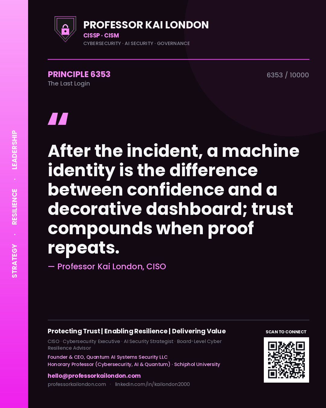Quote card by Professor Kai London reading 'After the incident, a machine identity is the difference between confidence and a decorative dashboard; trust compounds when proof repeats.'. From the book The Last Login.