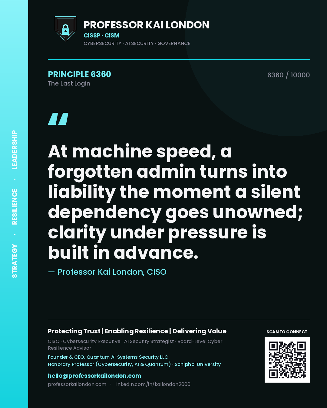 Quote card by Professor Kai London reading 'At machine speed, a forgotten admin turns into liability the moment a silent dependency goes unowned; clarity under pressure is built in advance.'. From the book The Last Login.