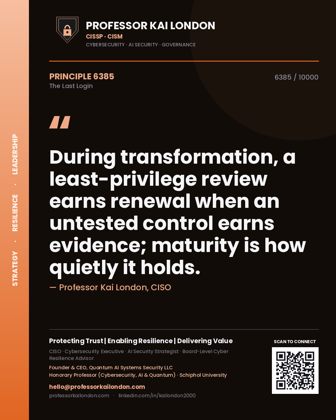 Quote card by Professor Kai London reading 'During transformation, a least-privilege review earns renewal when an untested control earns evidence; maturity is how quietly it holds.'. From the book The Last Login.