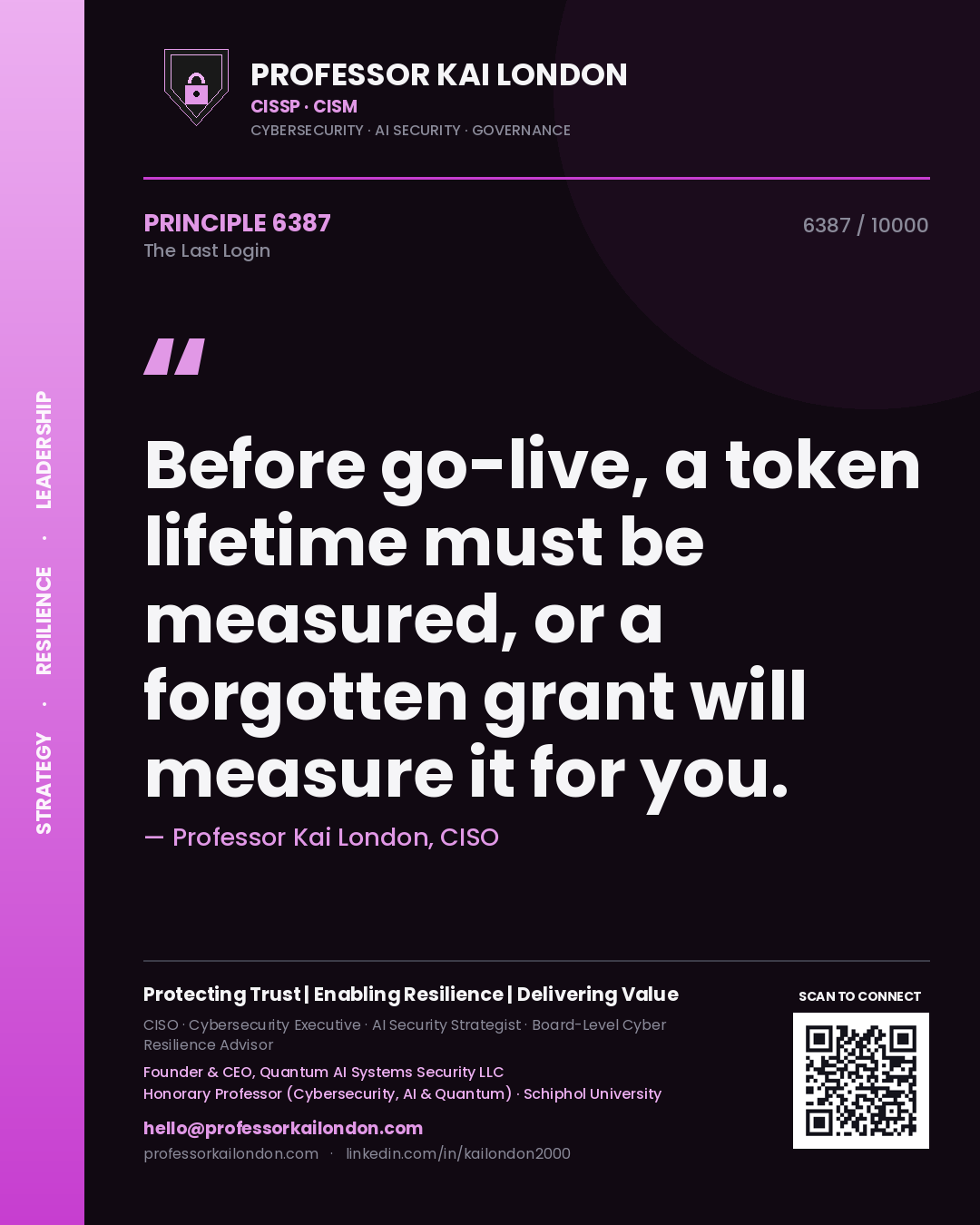Quote card by Professor Kai London reading 'Before go-live, a token lifetime must be measured, or a forgotten grant will measure it for you.'. From the book The Last Login.