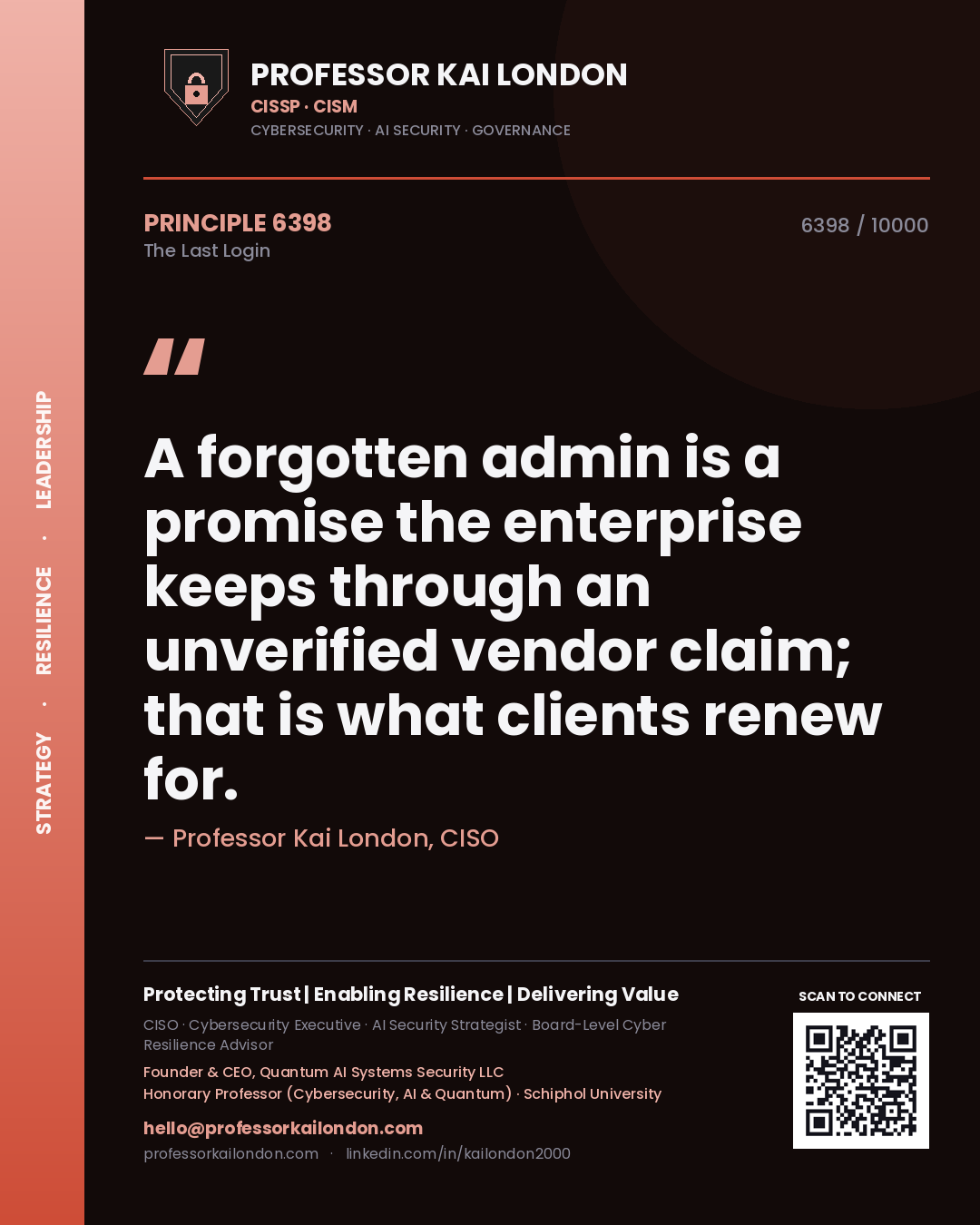 Professor Kai London principle 6398: A forgotten admin is a promise the enterprise keeps through an unverified vendor claim; that is what clients renew for.