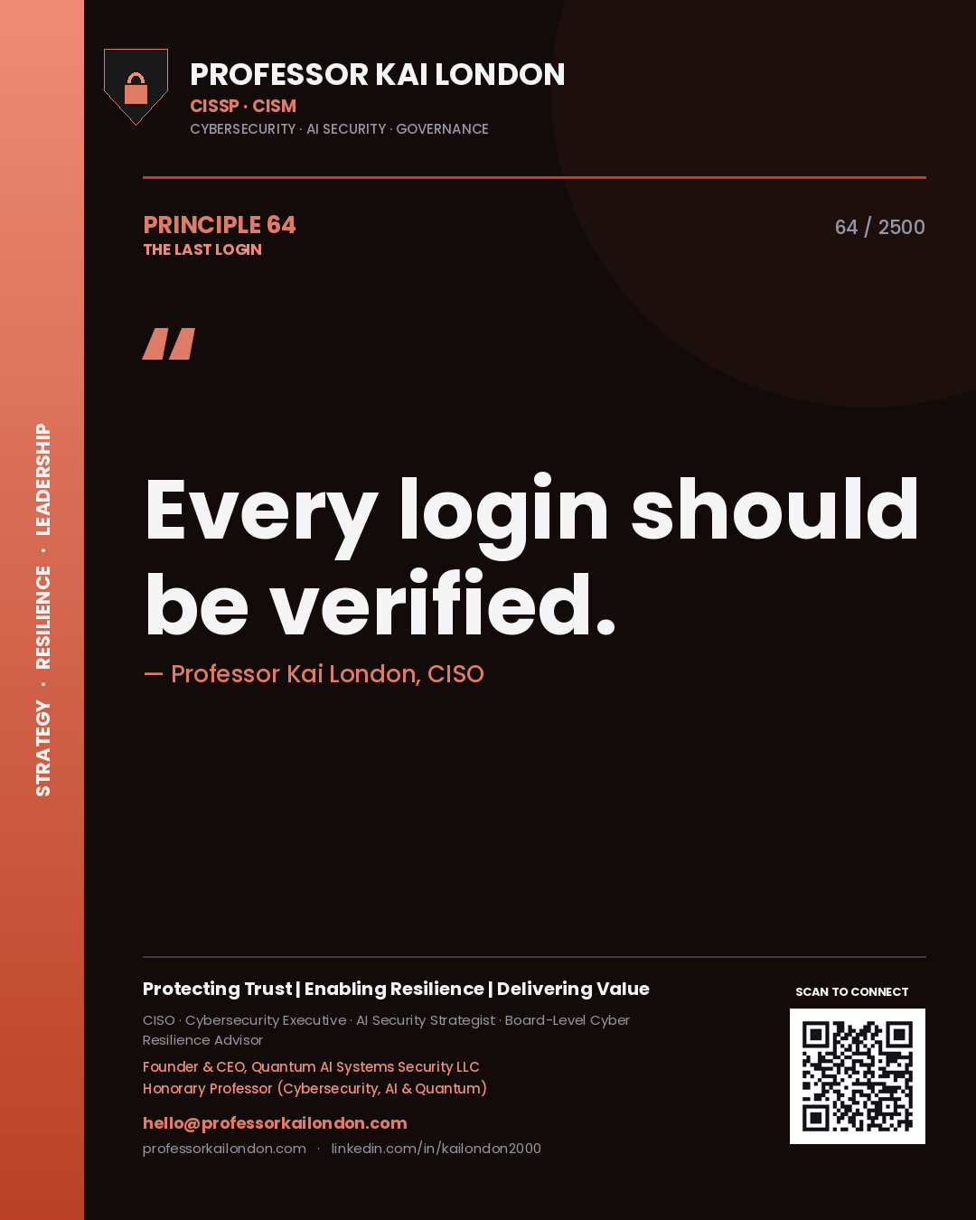 Quote card by Professor Kai London reading 'Every login should be verified.'. From the book The Last Login.