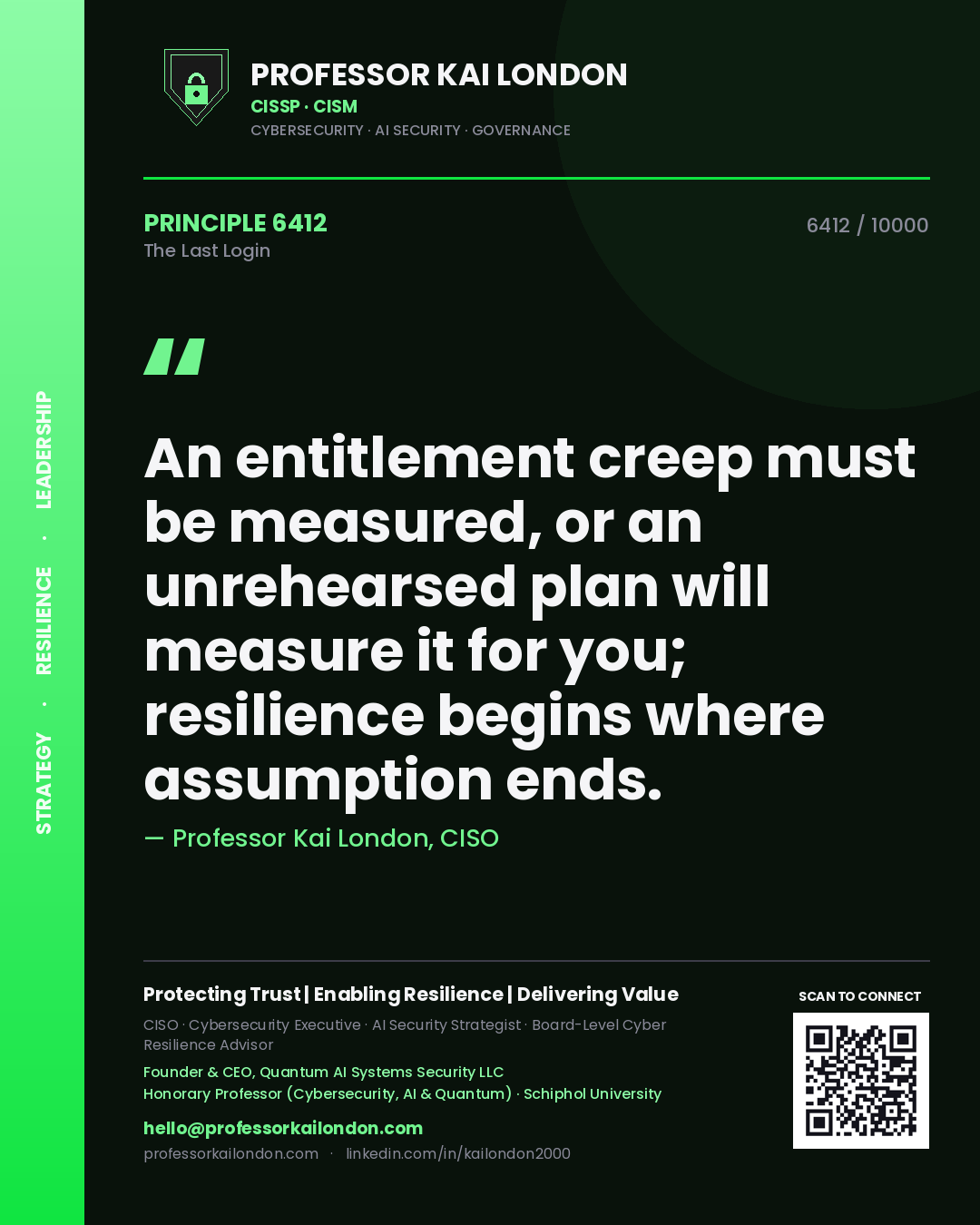 Quote card by Professor Kai London reading 'An entitlement creep must be measured, or an unrehearsed plan will measure it for you; resilience begins where assumption ends.'. From the book The Last Login.