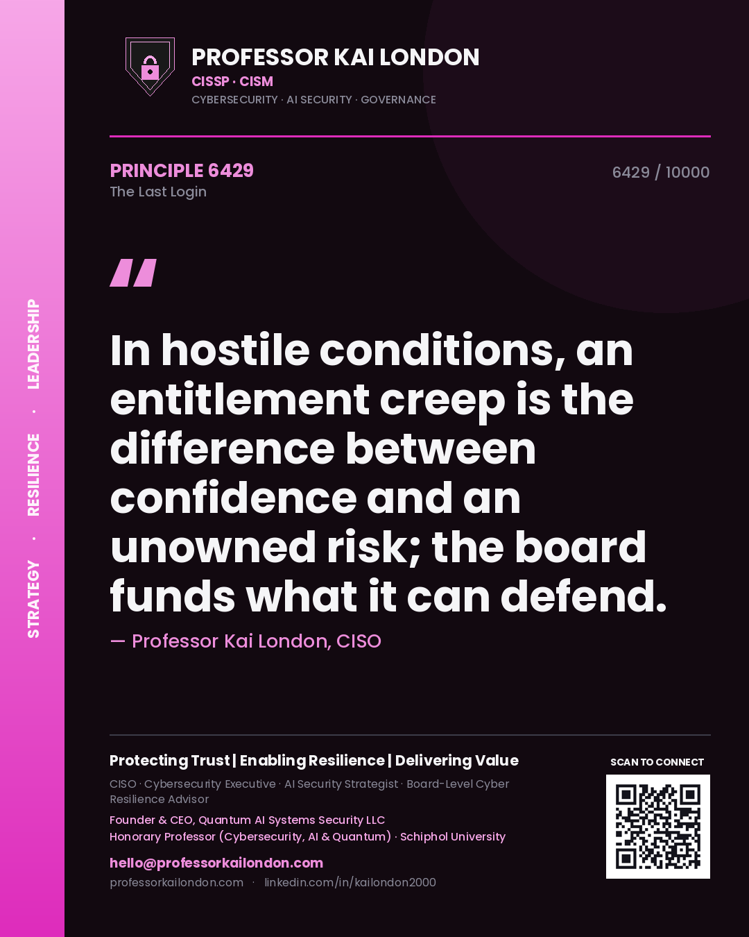 Quote card by Professor Kai London reading 'In hostile conditions, an entitlement creep is the difference between confidence and an unowned risk; the board funds what it can defend.'. From the book The Last Login.