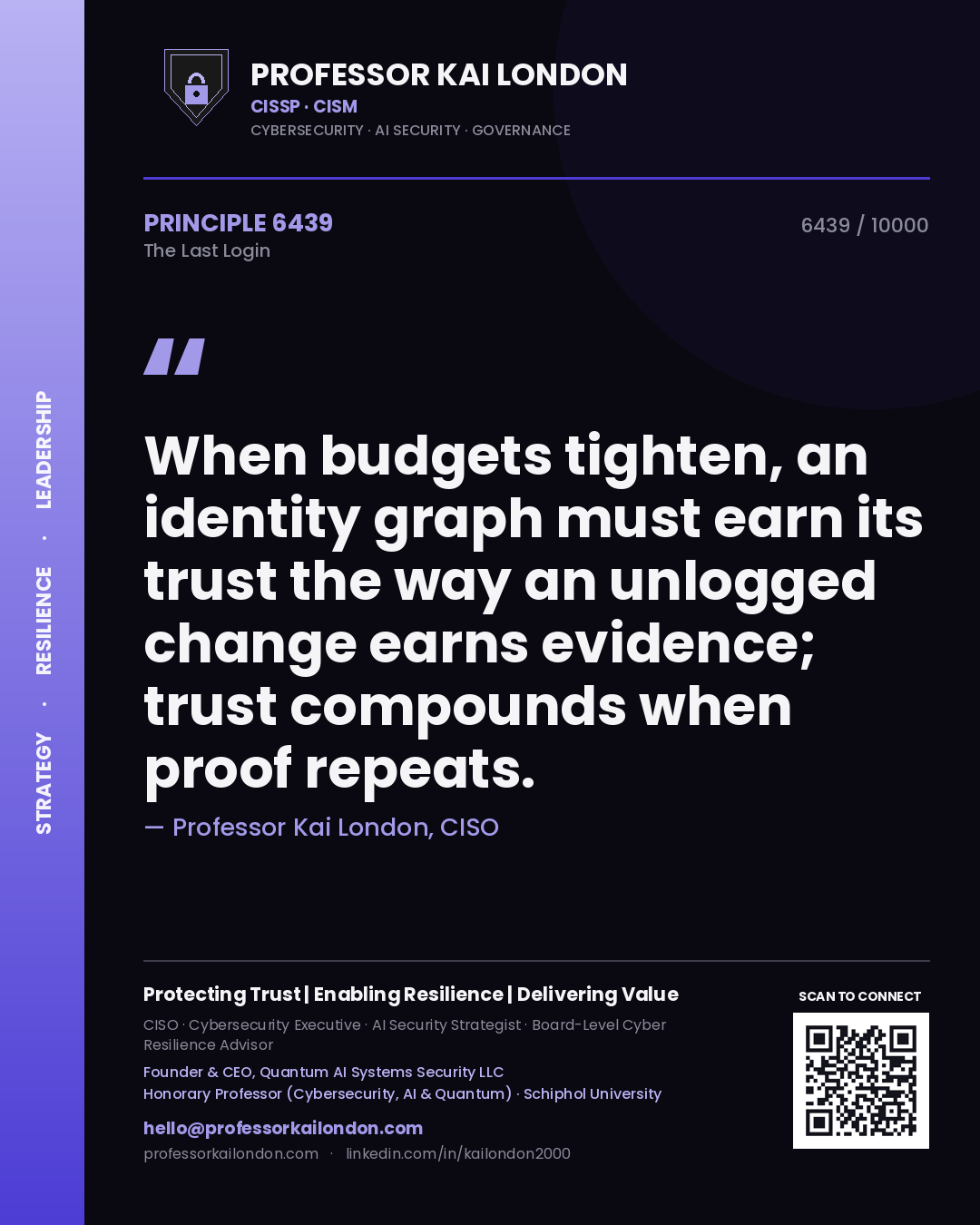 Quote card by Professor Kai London reading 'When budgets tighten, an identity graph must earn its trust the way an unlogged change earns evidence; trust compounds when proof repeats.'. From the book The Last Login.