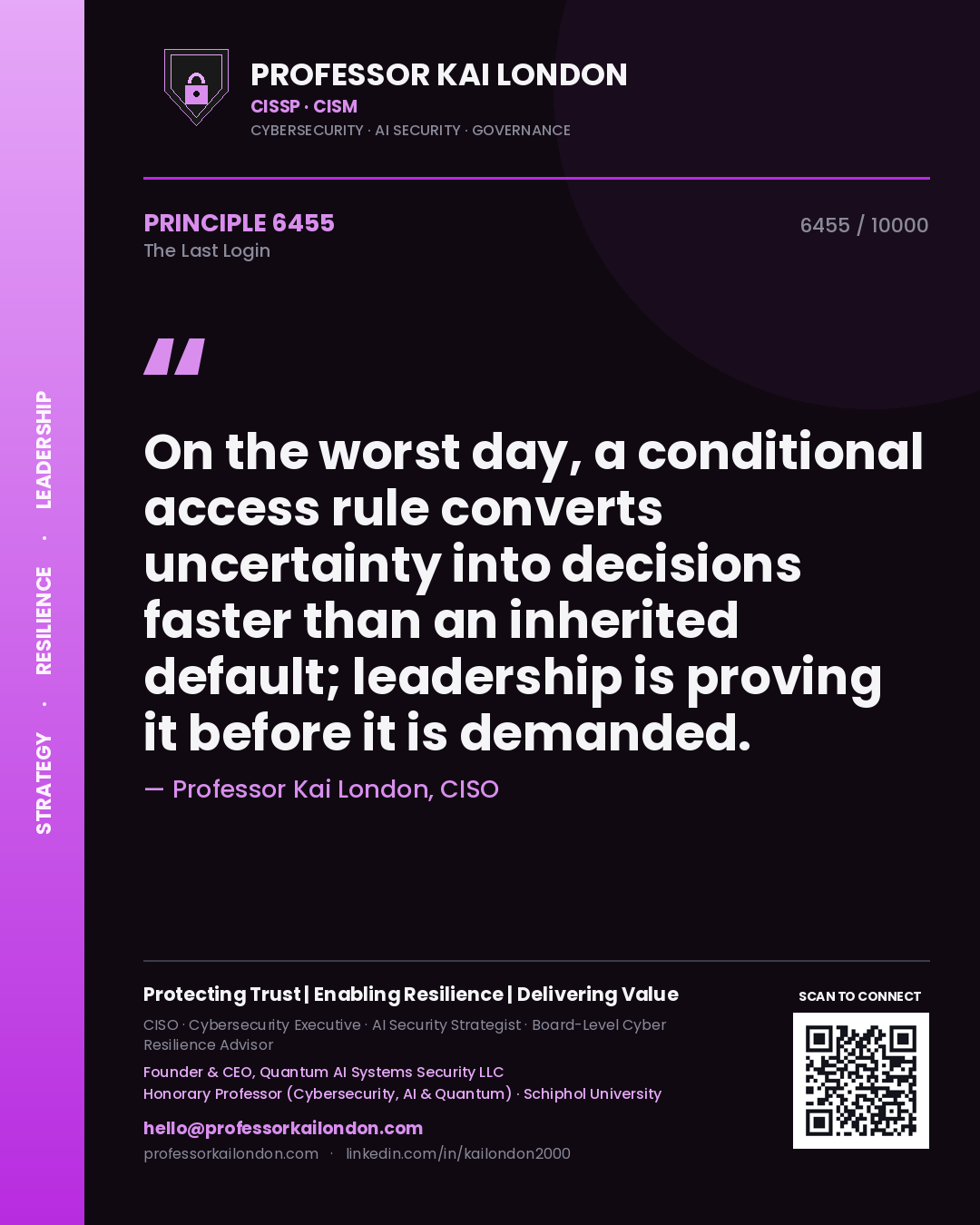 Professor Kai London principle 6455: On the worst day, a conditional access rule converts uncertainty into decisions faster than an inherited default; leadership is proving it before it is demanded.