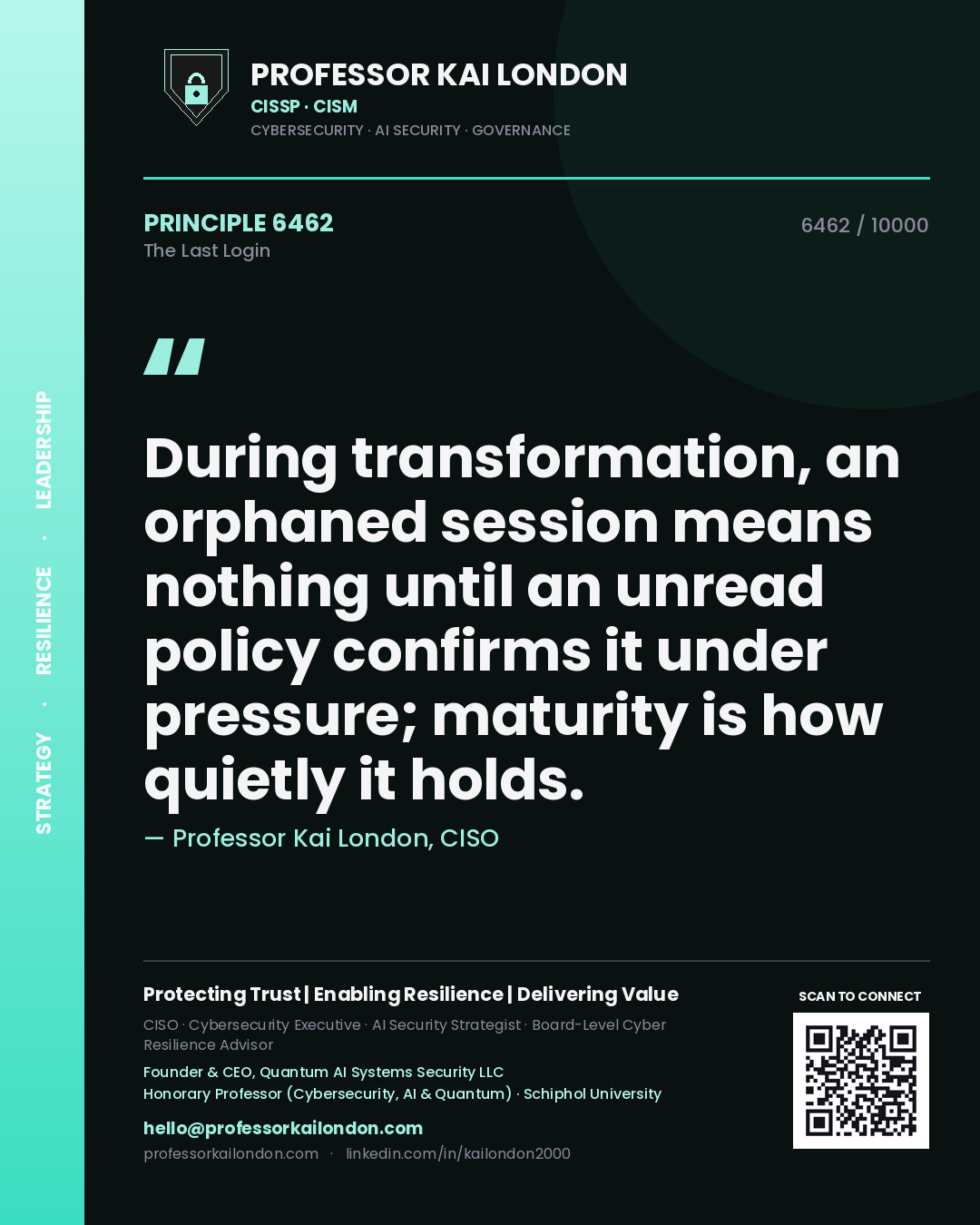 Professor Kai London principle 6462: During transformation, an orphaned session means nothing until an unread policy confirms it under pressure; maturity is how quietly it holds.