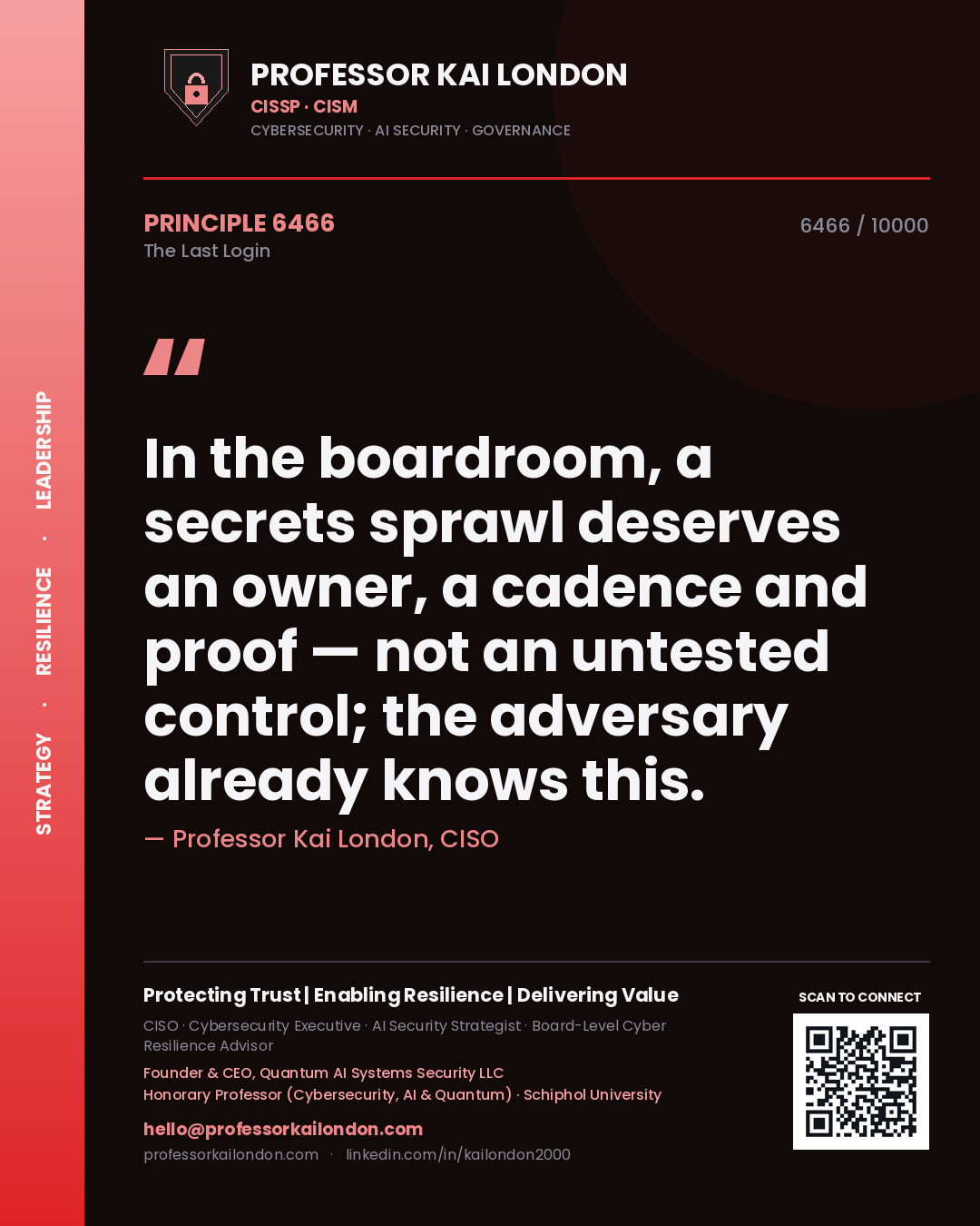 Quote card by Professor Kai London reading 'In the boardroom, a secrets sprawl deserves an owner, a cadence and proof — not an untested control; the adversary already knows this.'. From the book The Last Login.