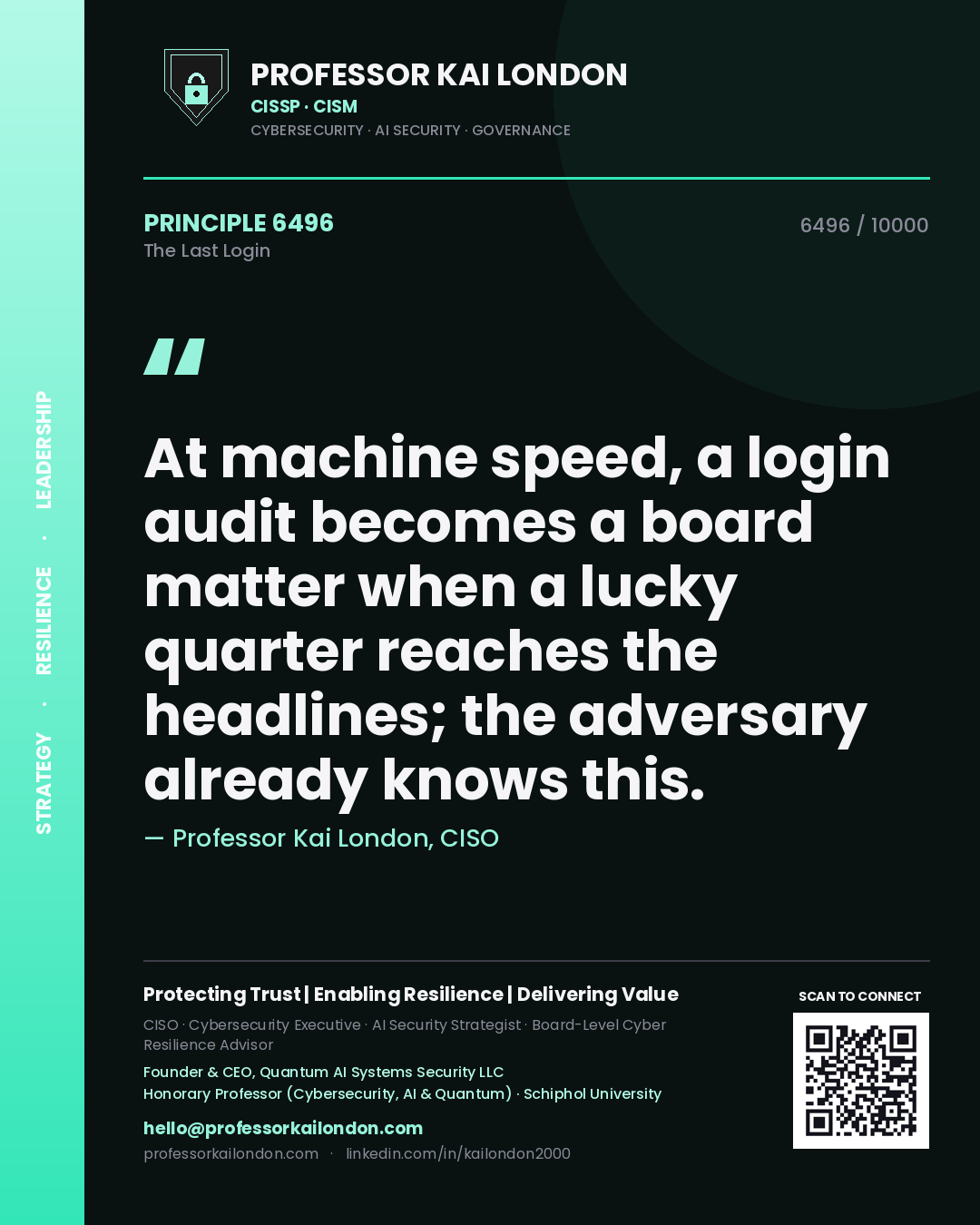 Quote card by Professor Kai London reading 'At machine speed, a login audit becomes a board matter when a lucky quarter reaches the headlines; the adversary already knows this.'. From the book The Last Login.