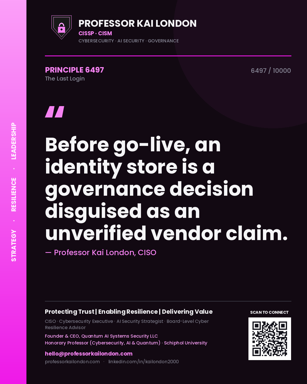 Quote card by Professor Kai London reading 'Before go-live, an identity store is a governance decision disguised as an unverified vendor claim.'. From the book The Last Login.