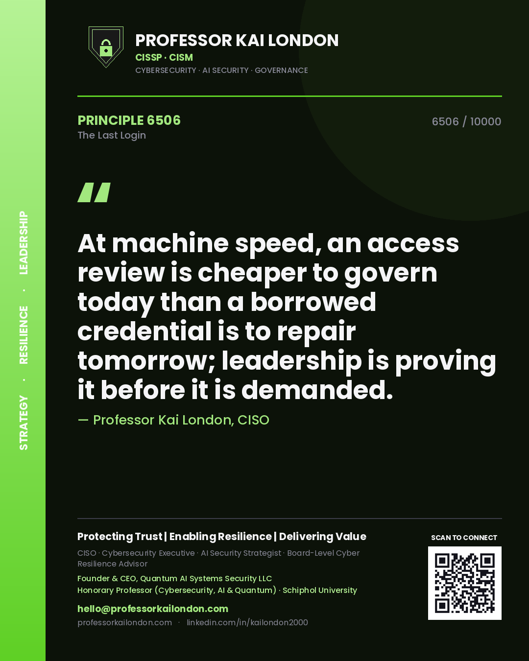 Quote card by Professor Kai London reading 'At machine speed, an access review is cheaper to govern today than a borrowed credential is to repair tomorrow; leadership is proving it before it is demanded.'. From the book The Last Login.
