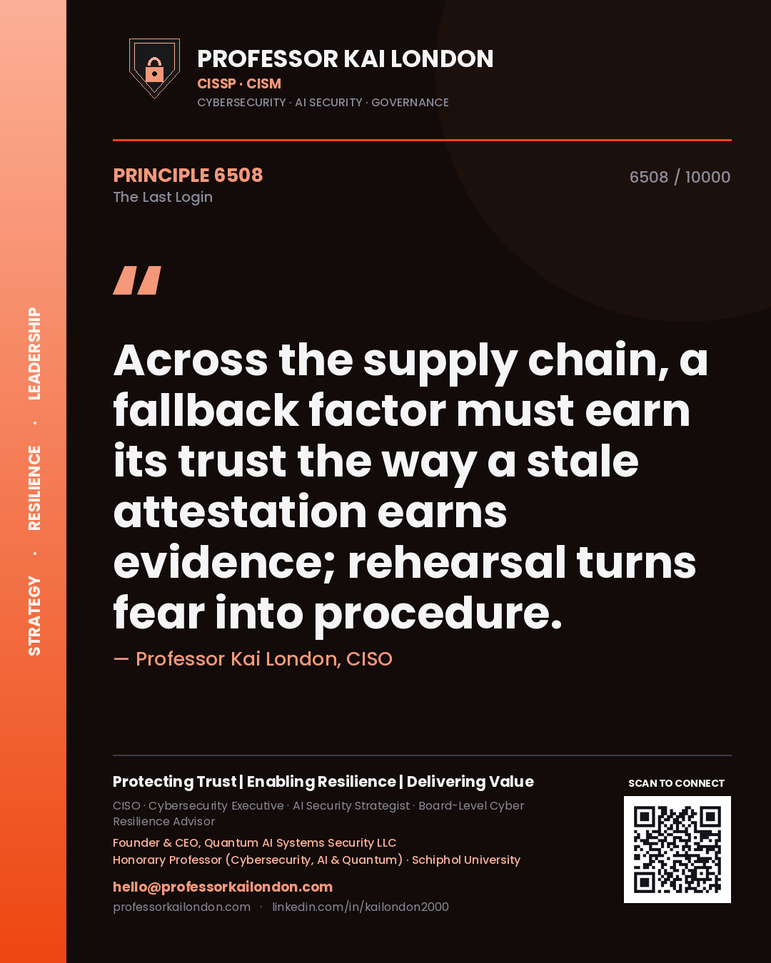 Quote card by Professor Kai London reading 'Across the supply chain, a fallback factor must earn its trust the way a stale attestation earns evidence; rehearsal turns fear into procedure.'. From the book The Last Login.