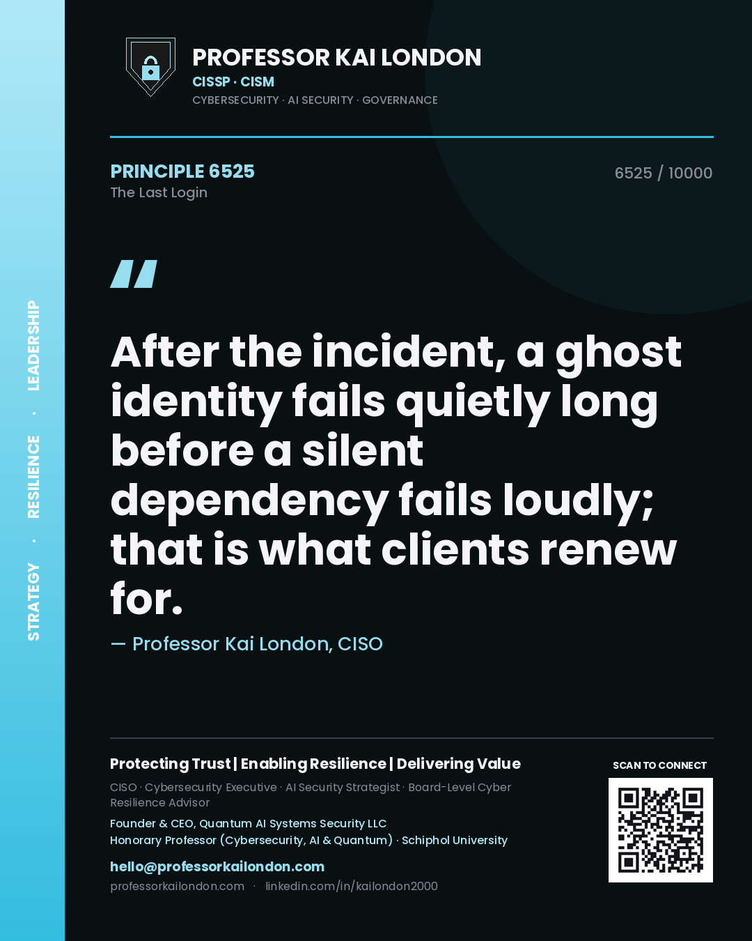Professor Kai London principle 6525: After the incident, a ghost identity fails quietly long before a silent dependency fails loudly; that is what clients renew for.