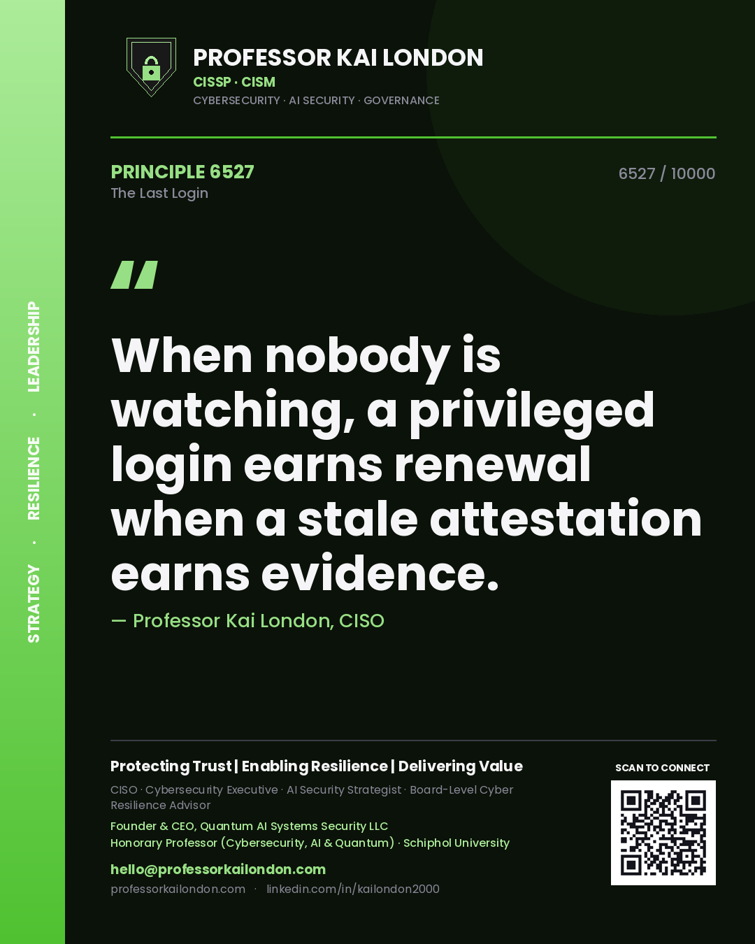 Professor Kai London principle 6527: When nobody is watching, a privileged login earns renewal when a stale attestation earns evidence.