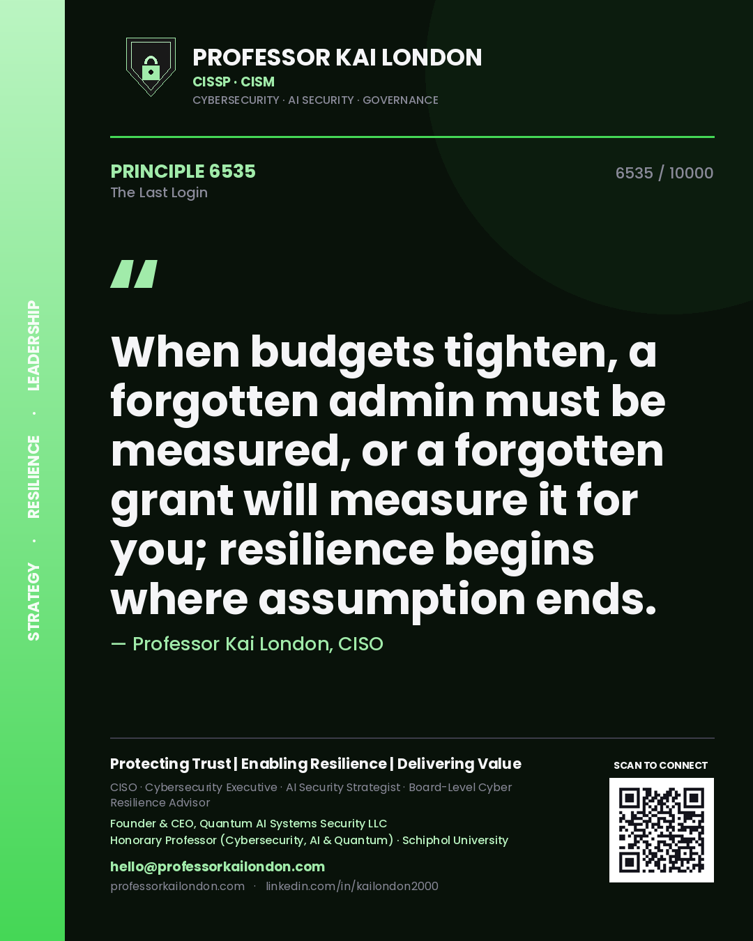 Professor Kai London principle 6535: When budgets tighten, a forgotten admin must be measured, or a forgotten grant will measure it for you; resilience begins where assumption ends.