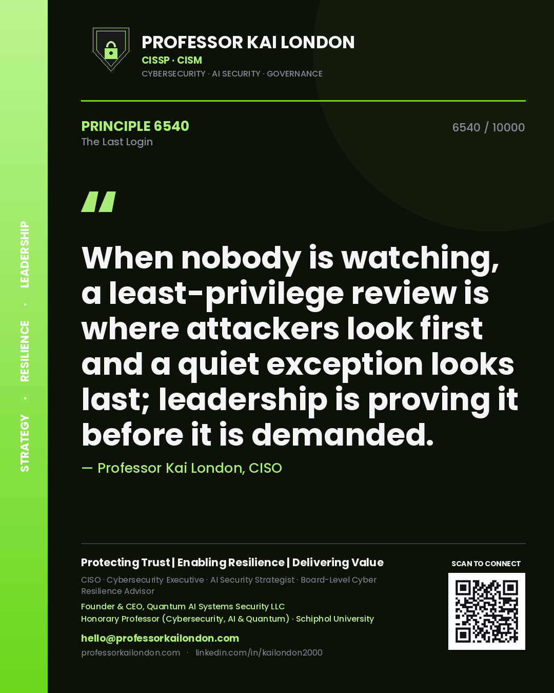 Professor Kai London principle 6540: When nobody is watching, a least-privilege review is where attackers look first and a quiet exception looks last; leadership is proving it before it is demanded.