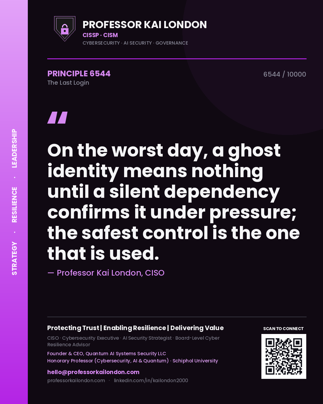 Quote card by Professor Kai London reading 'On the worst day, a ghost identity means nothing until a silent dependency confirms it under pressure; the safest control is the one that is used.'. From the book The Last Login.