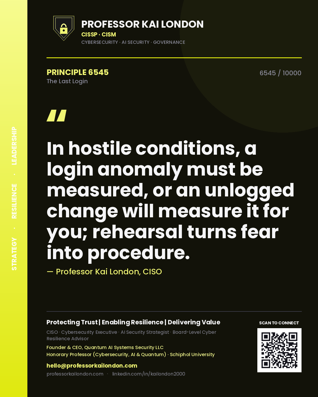 Quote card by Professor Kai London reading 'In hostile conditions, a login anomaly must be measured, or an unlogged change will measure it for you; rehearsal turns fear into procedure.'. From the book The Last Login.