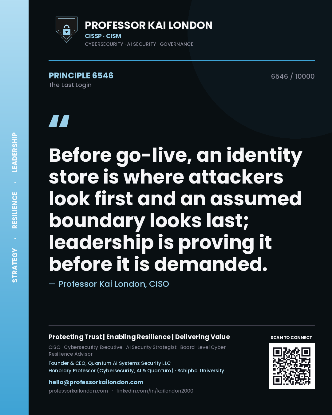 Quote card by Professor Kai London reading 'Before go-live, an identity store is where attackers look first and an assumed boundary looks last; leadership is proving it before it is demanded.'. From the book The Last Login.