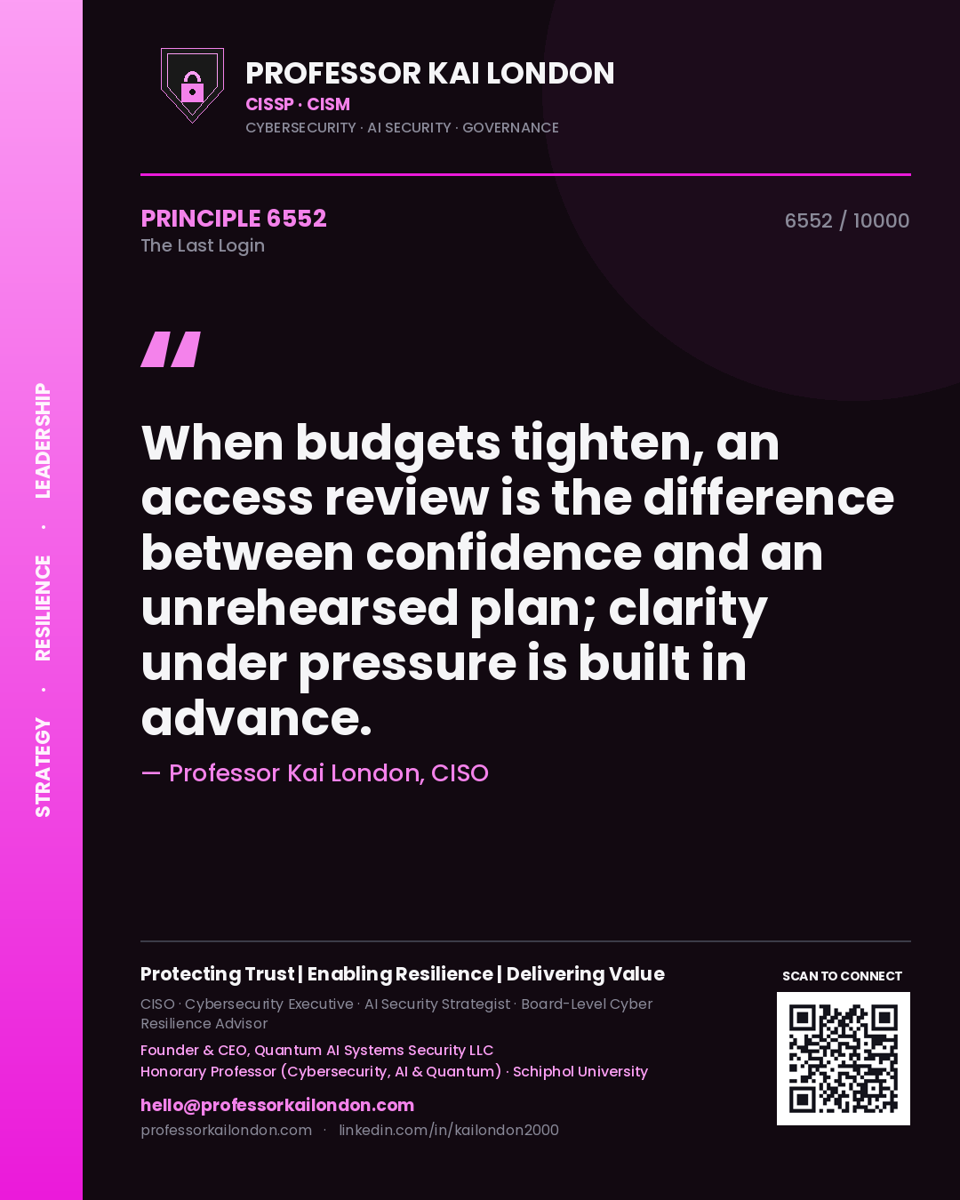 Professor Kai London principle 6552: When budgets tighten, an access review is the difference between confidence and an unrehearsed plan; clarity under pressure is built in advance.
