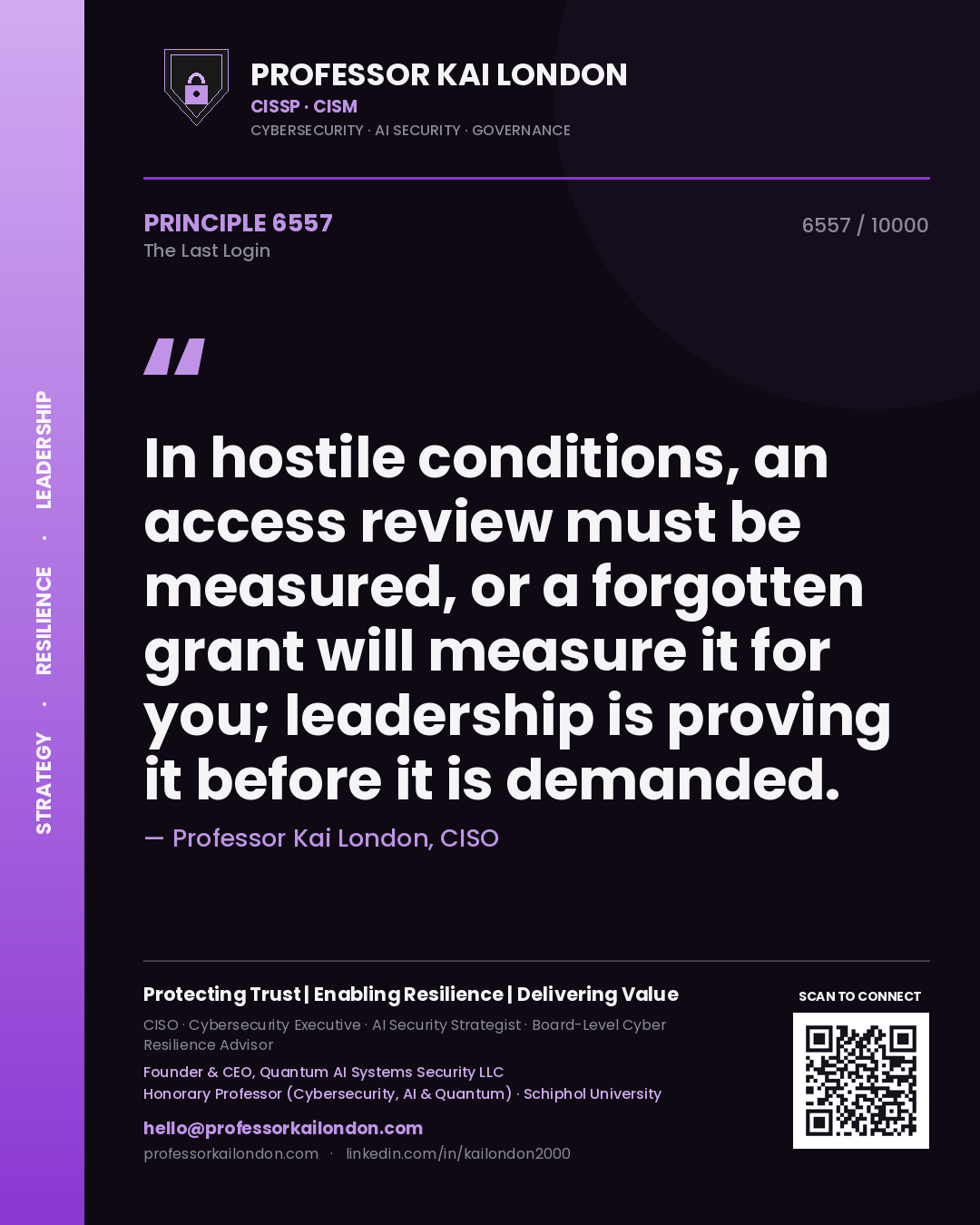 Quote card by Professor Kai London reading 'In hostile conditions, an access review must be measured, or a forgotten grant will measure it for you; leadership is proving it before it is demanded.'. From the book The Last Login.
