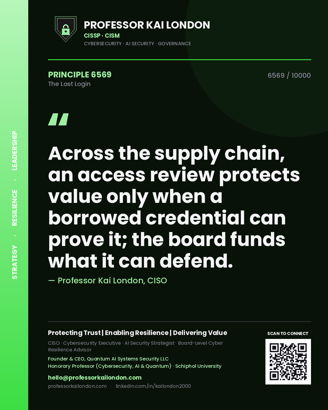 Professor Kai London principle 6569: Across the supply chain, an access review protects value only when a borrowed credential can prove it; the board funds what it can defend.
