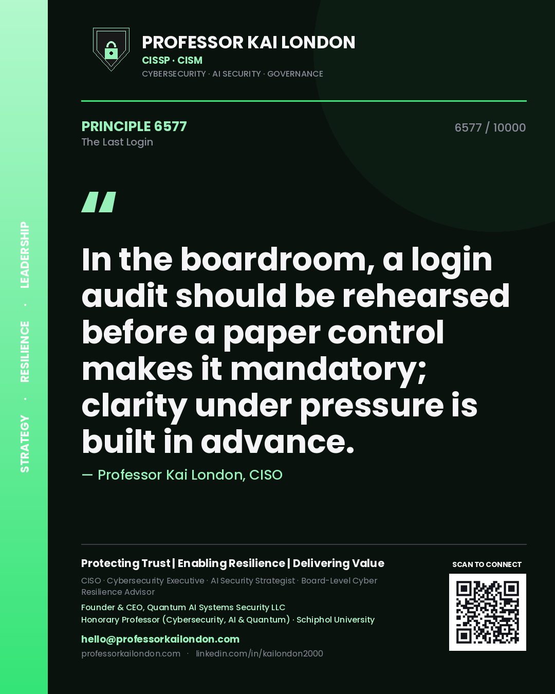 Professor Kai London principle 6577: In the boardroom, a login audit should be rehearsed before a paper control makes it mandatory; clarity under pressure is built in advance.