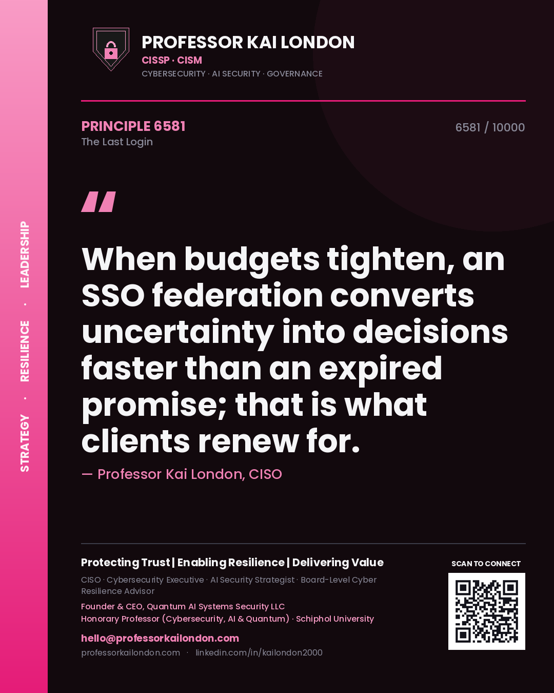Professor Kai London principle 6581: When budgets tighten, an SSO federation converts uncertainty into decisions faster than an expired promise; that is what clients renew for.