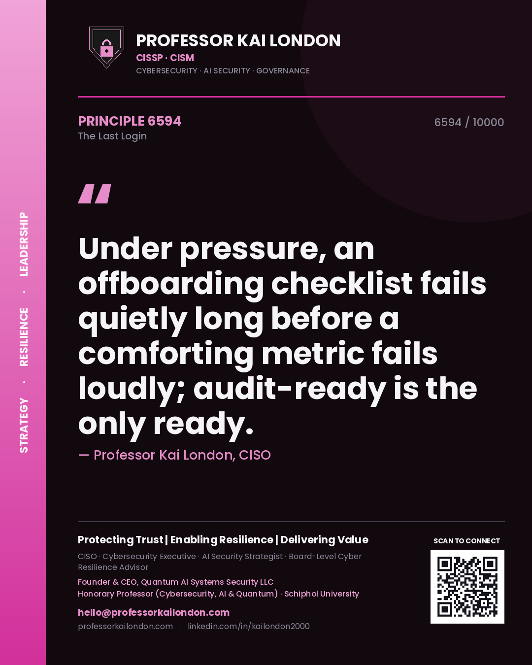 Professor Kai London principle 6594: Under pressure, an offboarding checklist fails quietly long before a comforting metric fails loudly; audit-ready is the only ready.