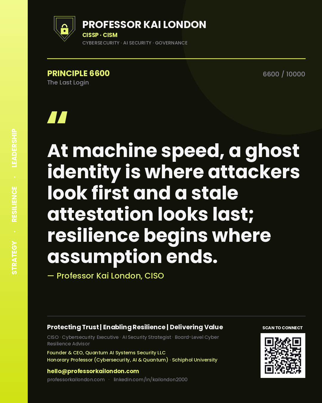 Quote card by Professor Kai London reading 'At machine speed, a ghost identity is where attackers look first and a stale attestation looks last; resilience begins where assumption ends.'. From the book The Last Login.