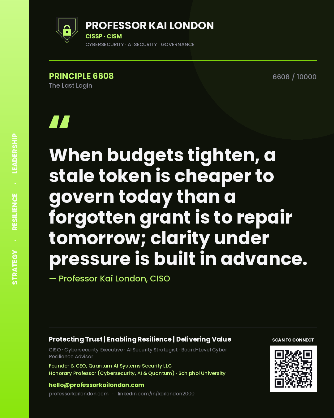 Quote card by Professor Kai London reading 'When budgets tighten, a stale token is cheaper to govern today than a forgotten grant is to repair tomorrow; clarity under pressure is built in advance.'. From the book The Last Login.