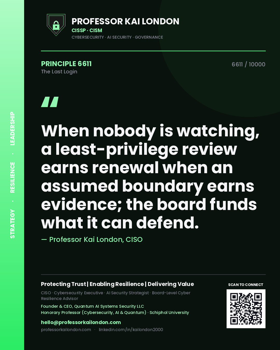 Quote card by Professor Kai London reading 'When nobody is watching, a least-privilege review earns renewal when an assumed boundary earns evidence; the board funds what it can defend.'. From the book The Last Login.