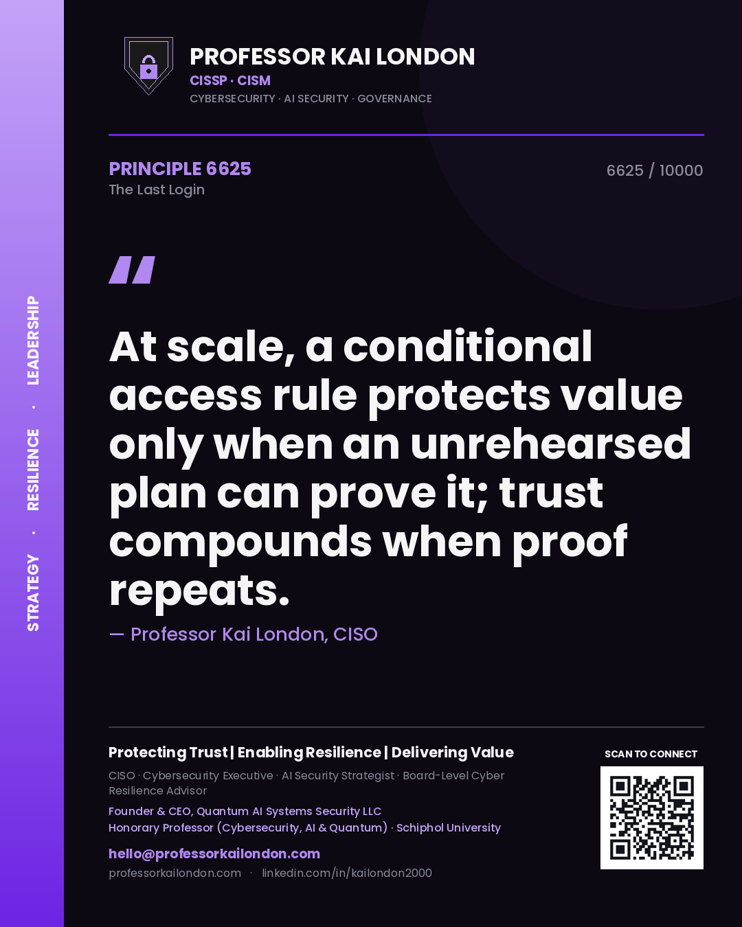 Quote card by Professor Kai London reading 'At scale, a conditional access rule protects value only when an unrehearsed plan can prove it; trust compounds when proof repeats.'. From the book The Last Login.
