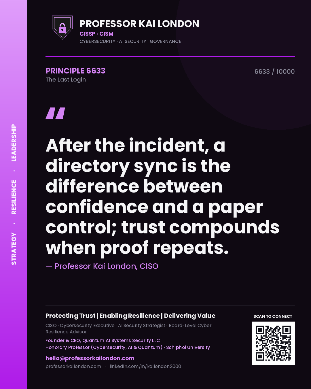 Quote card by Professor Kai London reading 'After the incident, a directory sync is the difference between confidence and a paper control; trust compounds when proof repeats.'. From the book The Last Login.
