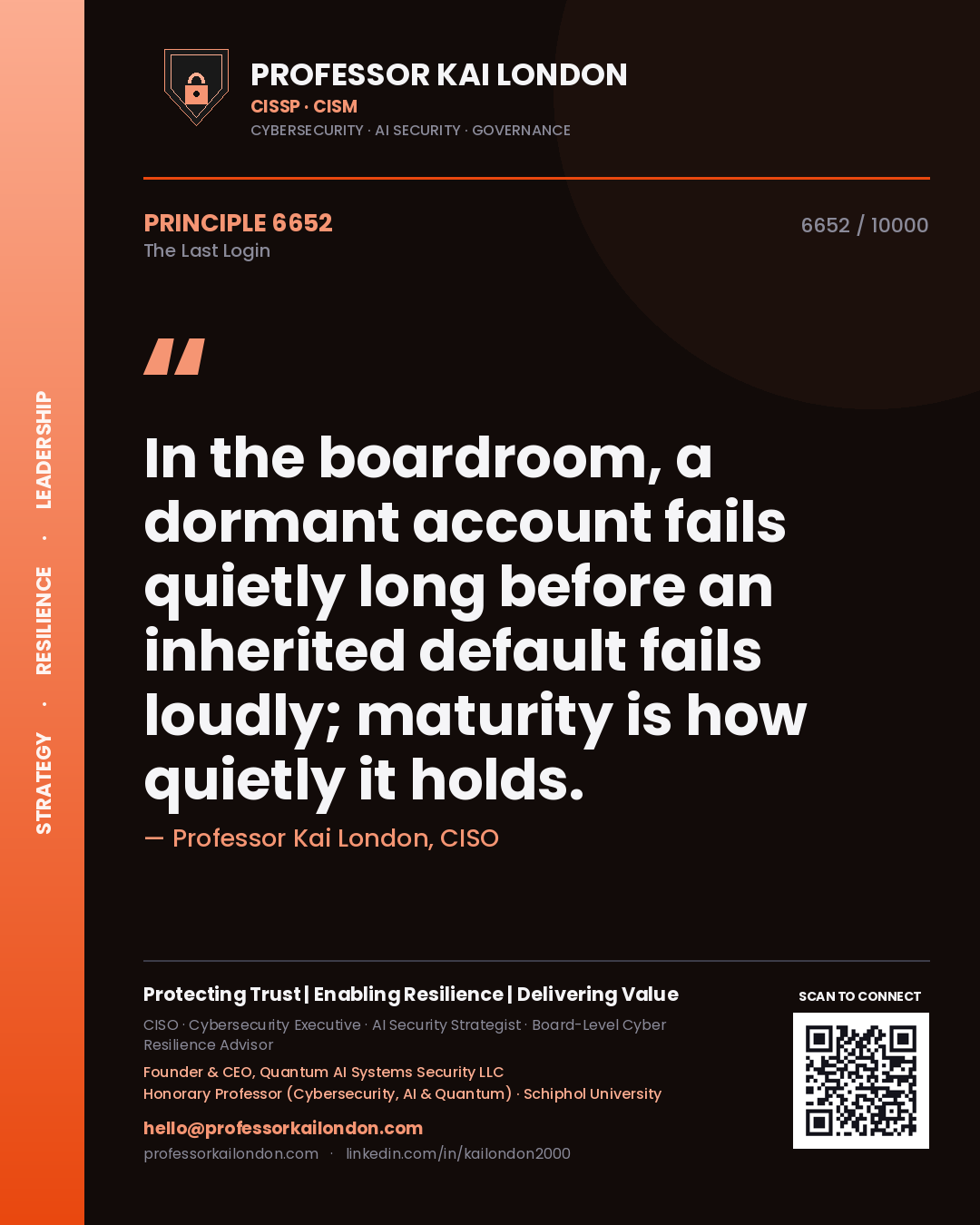 Quote card by Professor Kai London reading 'In the boardroom, a dormant account fails quietly long before an inherited default fails loudly; maturity is how quietly it holds.'. From the book The Last Login.