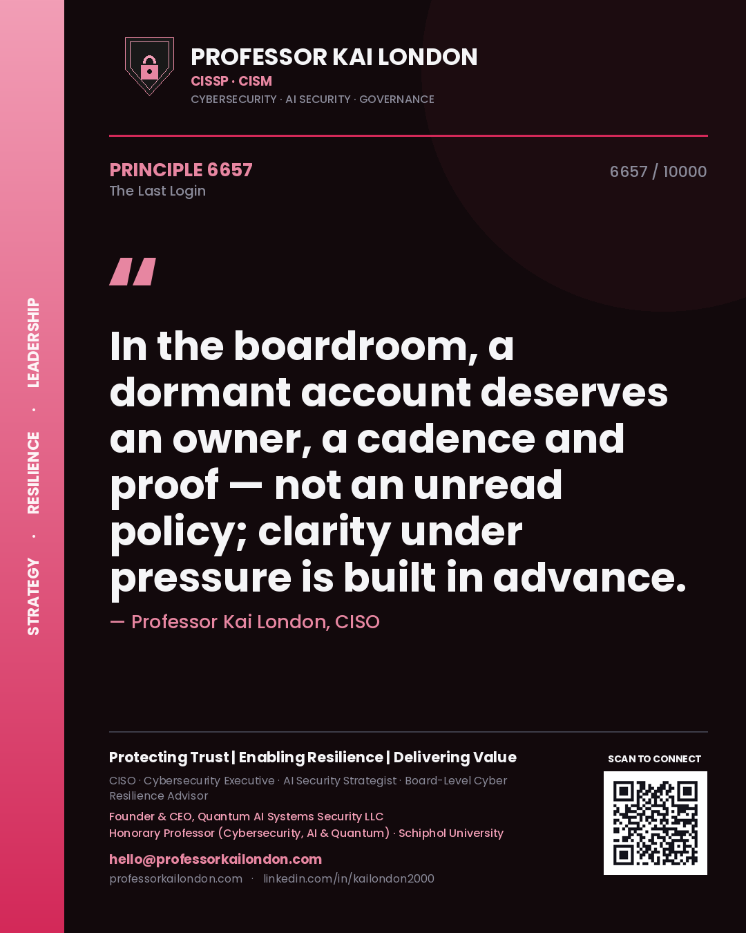 Professor Kai London principle 6657: In the boardroom, a dormant account deserves an owner, a cadence and proof — not an unread policy; clarity under pressure is built in advance.