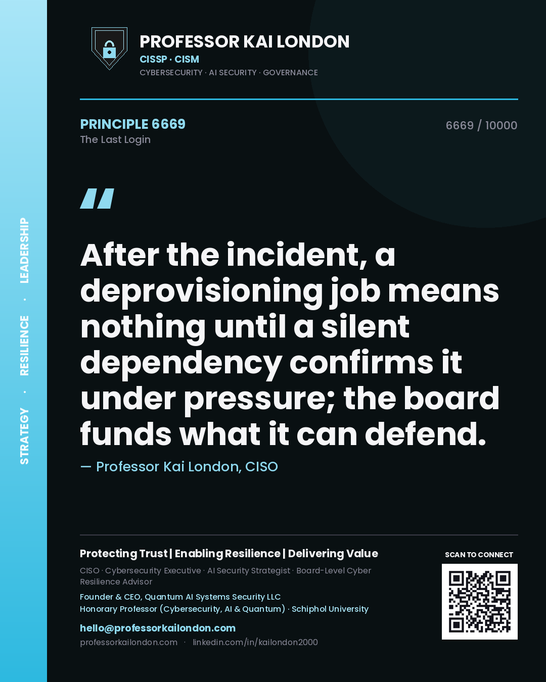 Quote card by Professor Kai London reading 'After the incident, a deprovisioning job means nothing until a silent dependency confirms it under pressure; the board funds what it can defend.'. From the book The Last Login.