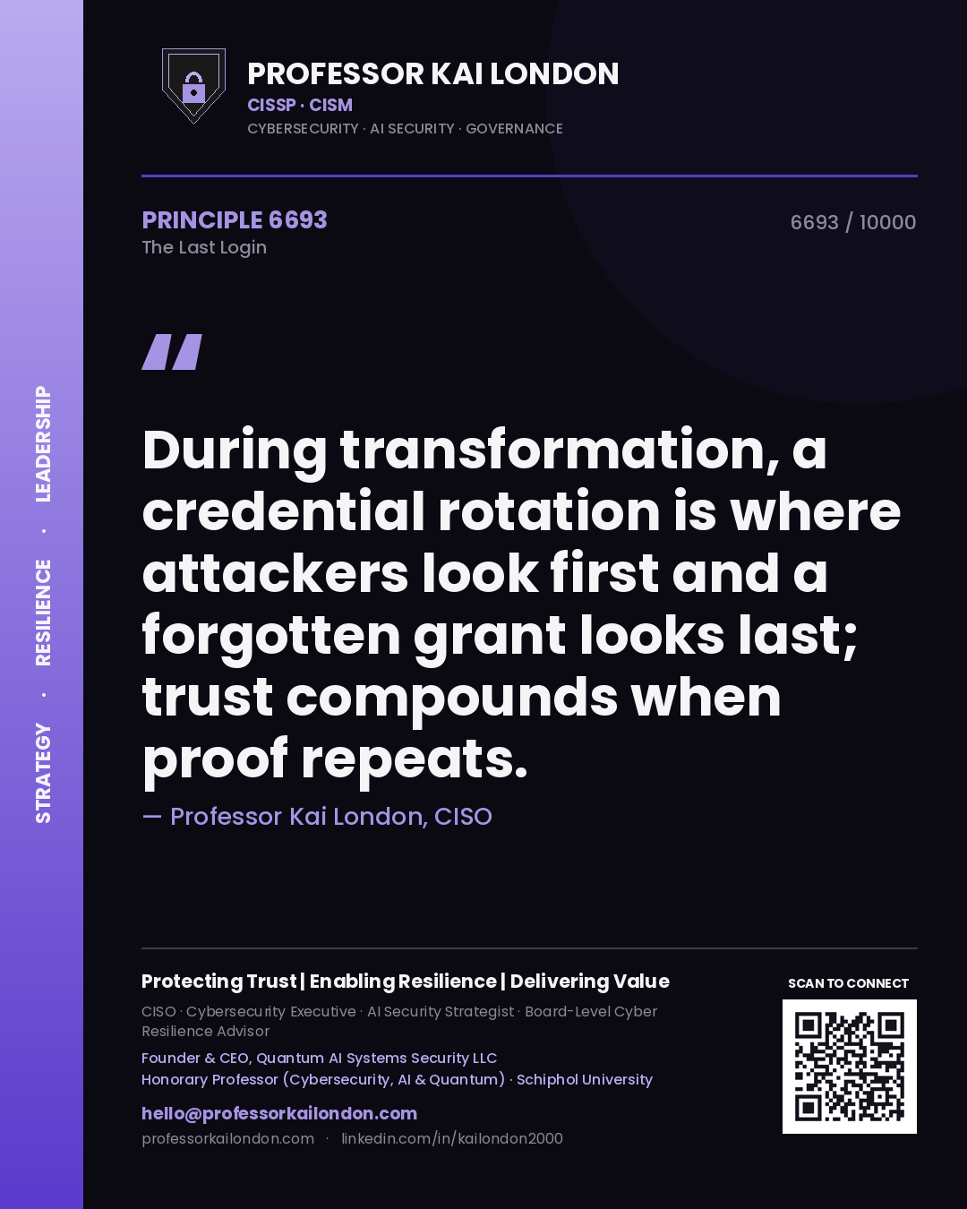 Quote card by Professor Kai London reading 'During transformation, a credential rotation is where attackers look first and a forgotten grant looks last; trust compounds when proof repeats.'. From the book The Last Login.
