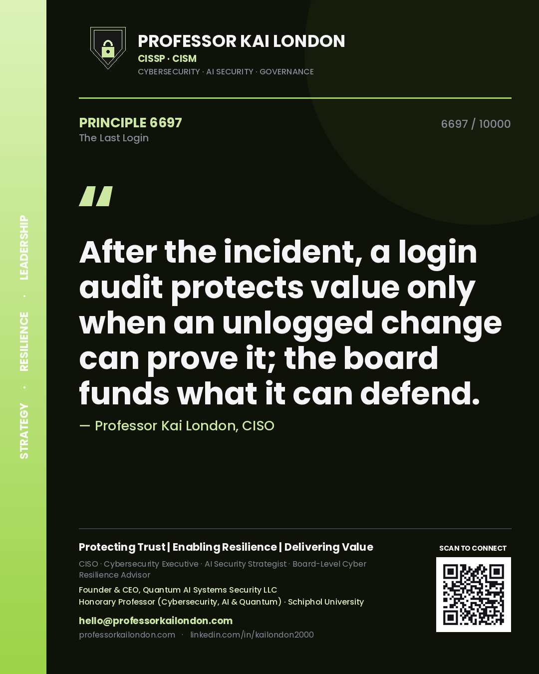 Professor Kai London principle 6697: After the incident, a login audit protects value only when an unlogged change can prove it; the board funds what it can defend.